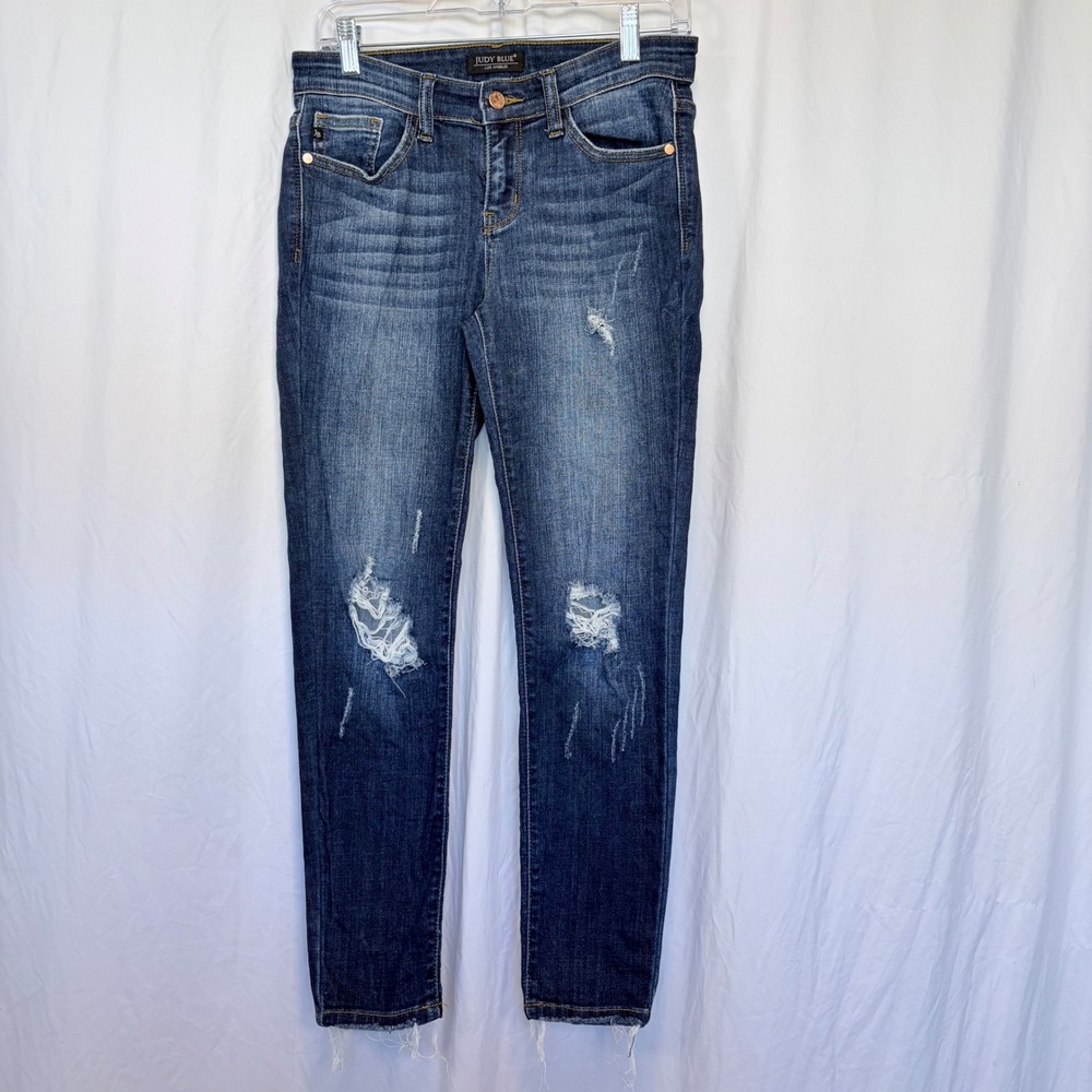 Judy Blue Skinny Fit Jeans Dark Wash Raw Hem Distressed JB8228DK Size 7/28